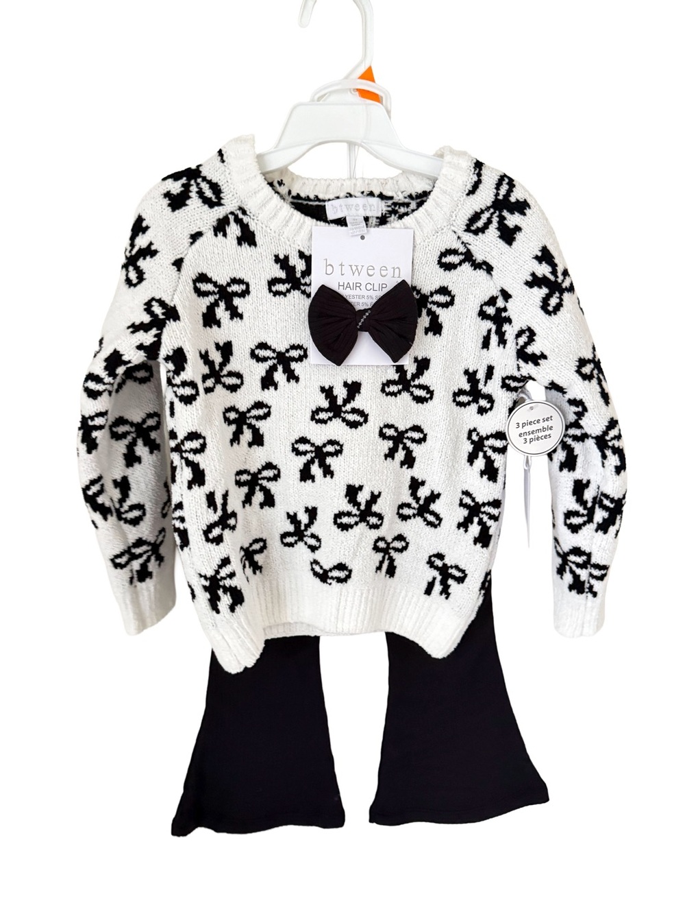 btween Kids Black & White Bow Sweater Set & Leggings w Hair Clip
